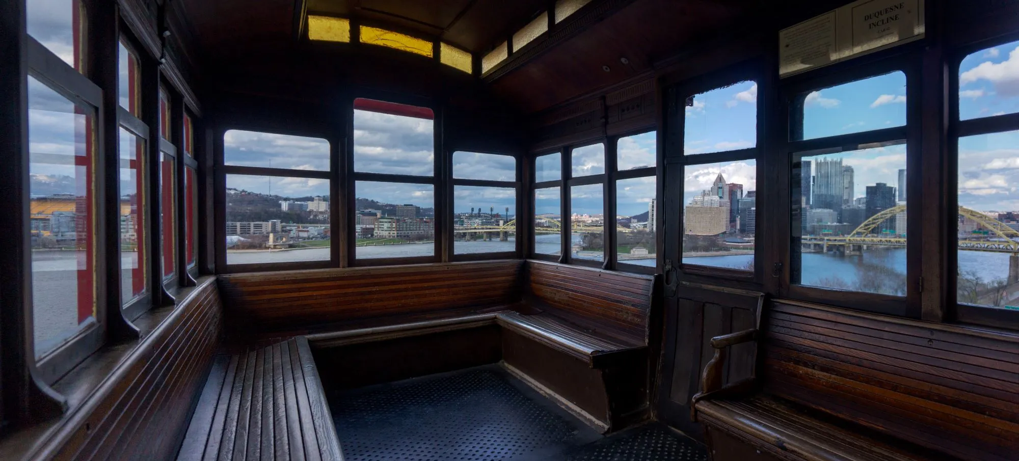 The view of downtown Pittsburgh from inside of the Duquesne Incline